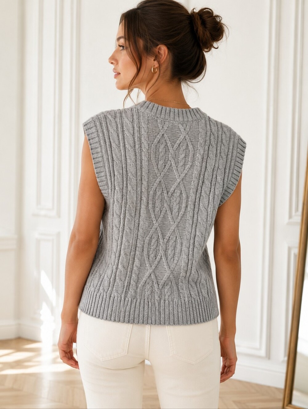 Free Assembly Pearl & Rhinestone Embellished Gray Cable Knit Sweater Vest Small - Picture 3 of 10